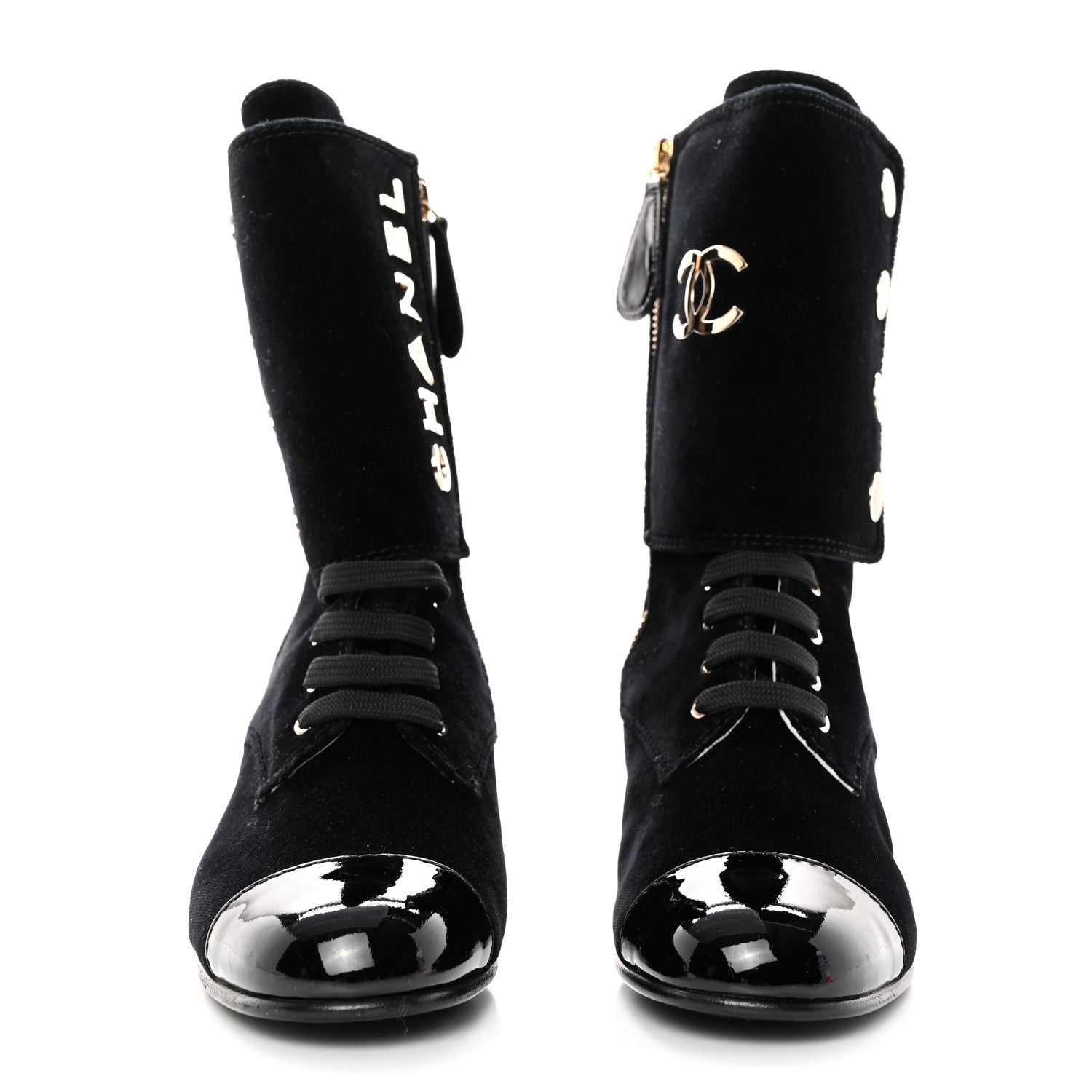 Chanel Suede Patent Calfskin Cap Toe Womens CC Boots 38 Black 2 of 8