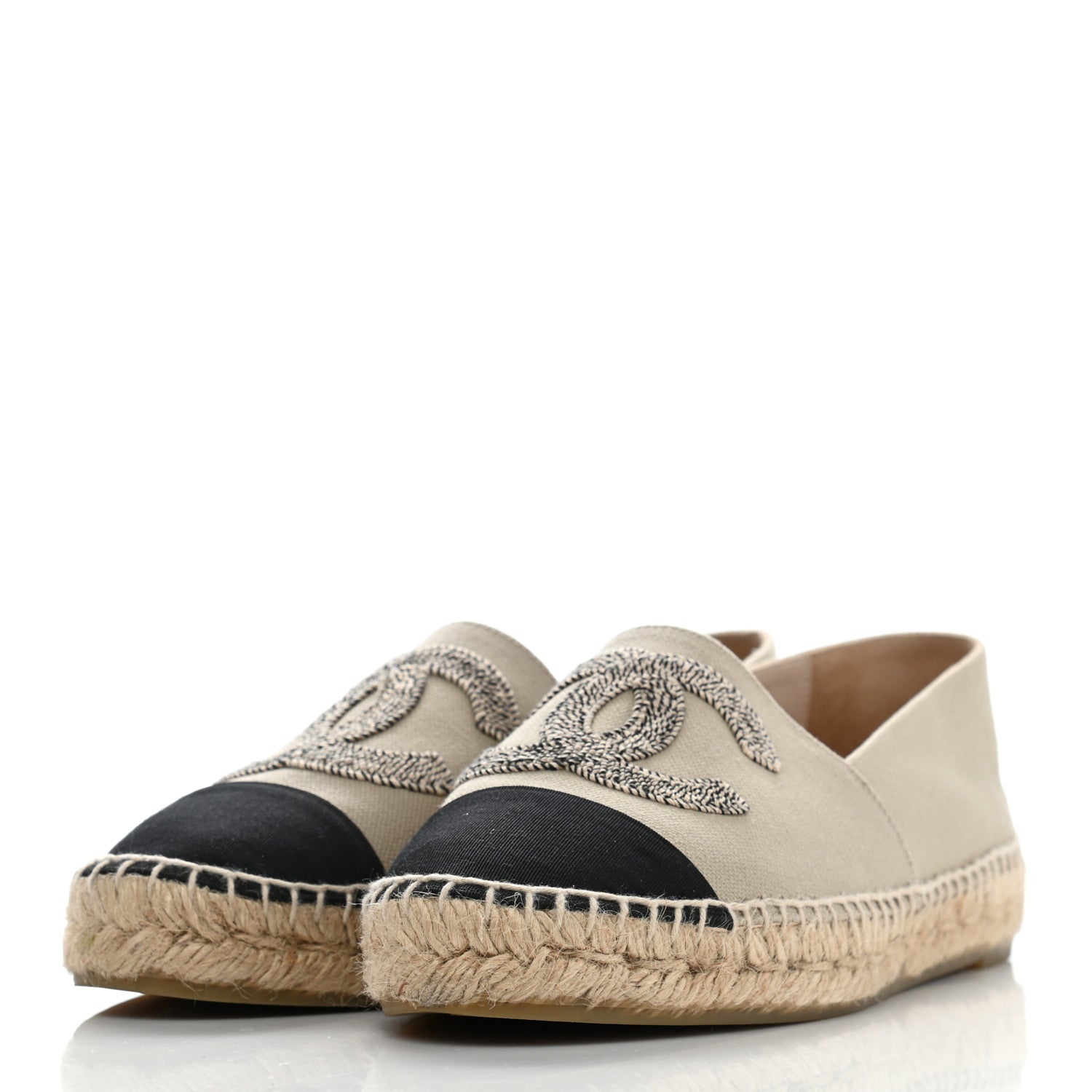 Chanel Canvas Grosgrain CC Espadrilles 38 Beige Black 3 of 12