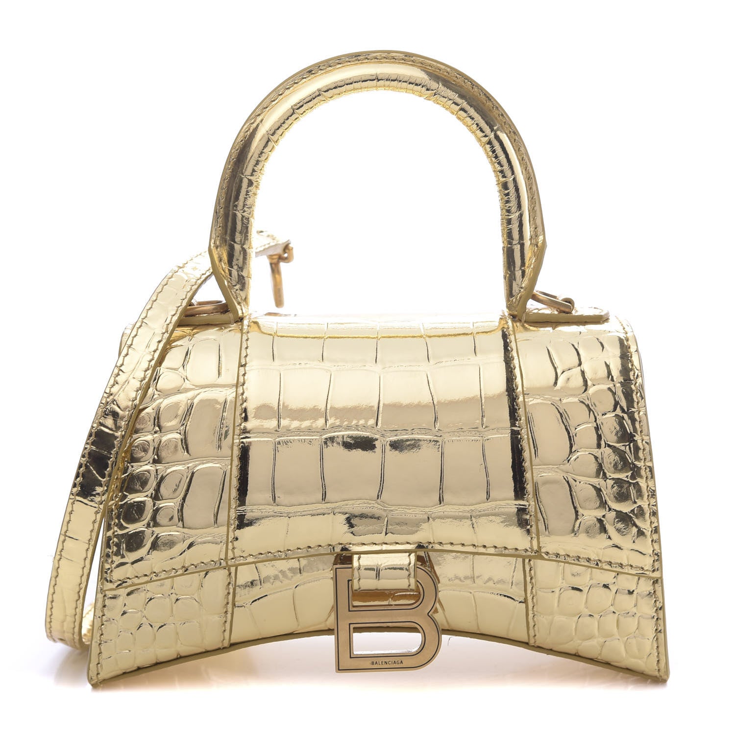 Balenciaga Metallic Calfskin Crocodile Embossed Hourglass Top Handle Bag XS Gold 1 of 11
