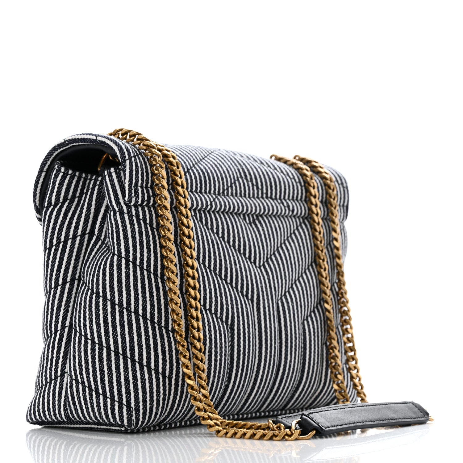 Saint Laurent Striped Denim Y Quilted Monogram Small Loulou Chain Satchel Marine Vintage White 3 of 10