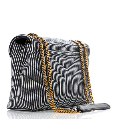 Saint Laurent Striped Denim Y Quilted Monogram Small Loulou Chain Satchel Marine Vintage White 3 of 10