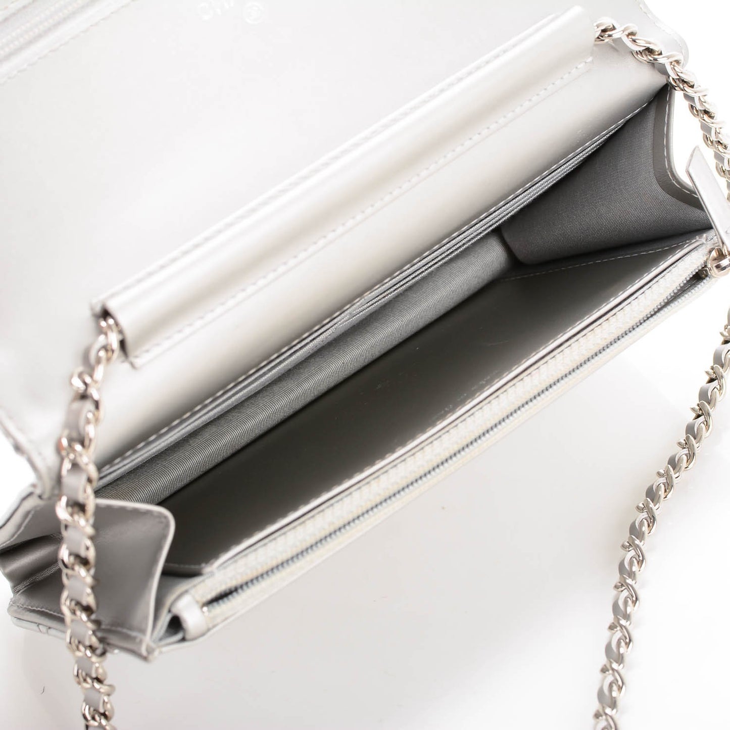 Metallic Patent Calfskin Quilted Boy Wallet on Chain WOC Silver