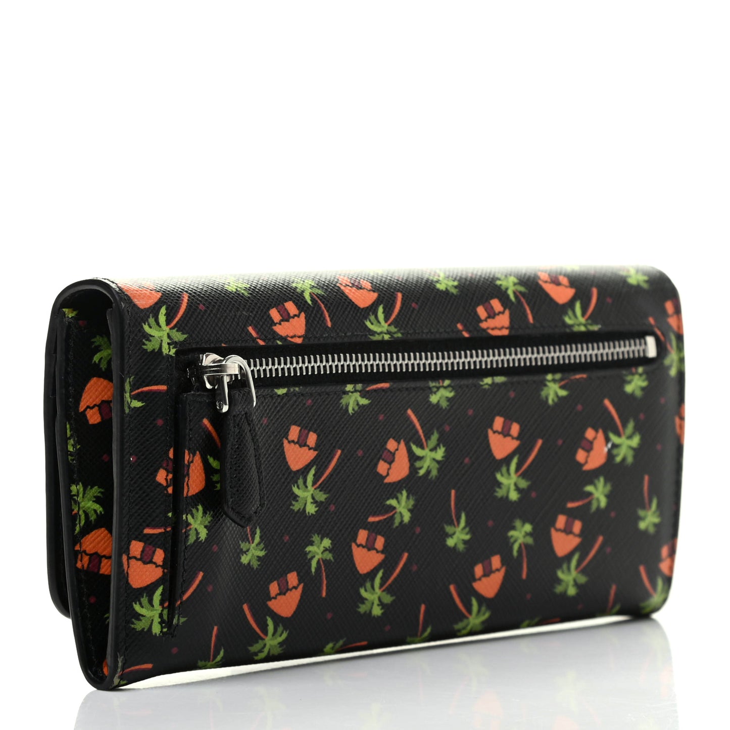 Saffiano Palm Tree Print Continental Flap Wallet Black