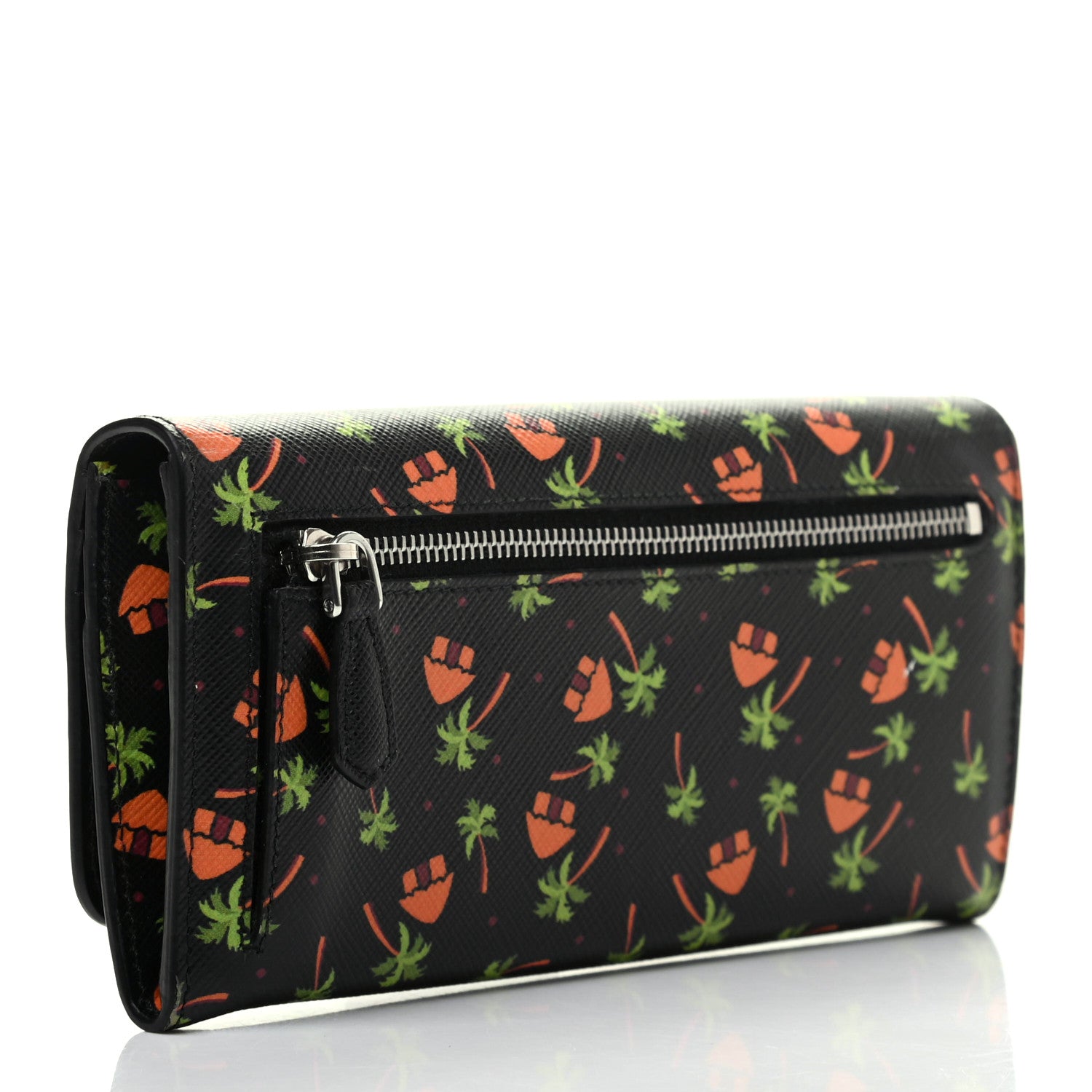Prada Saffiano Palm Tree Print Continental Flap Wallet Black 3 of 5