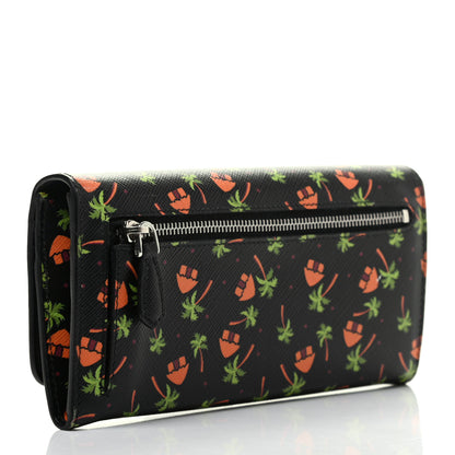 Prada Saffiano Palm Tree Print Continental Flap Wallet Black 3 of 5