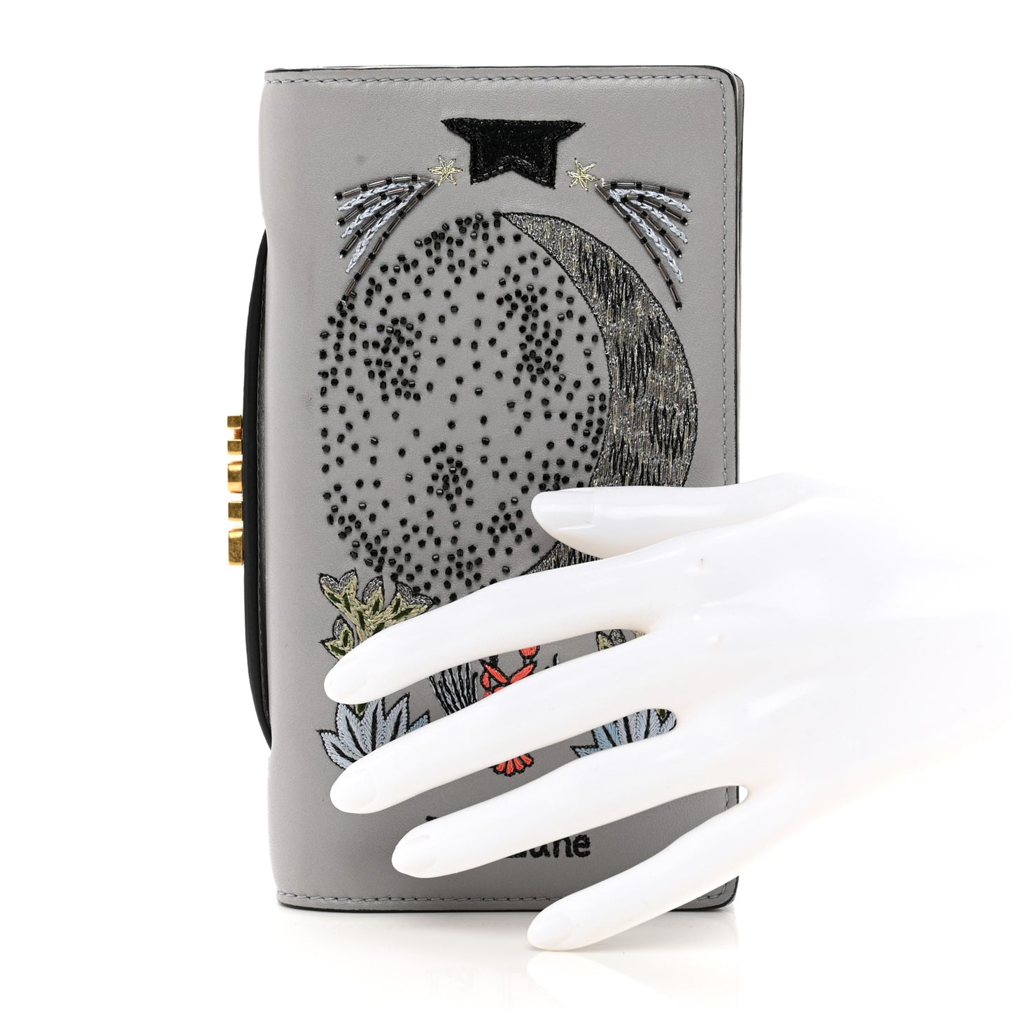 Lambskin Embroidered La Lune Tarot Pouch Clutch Grey