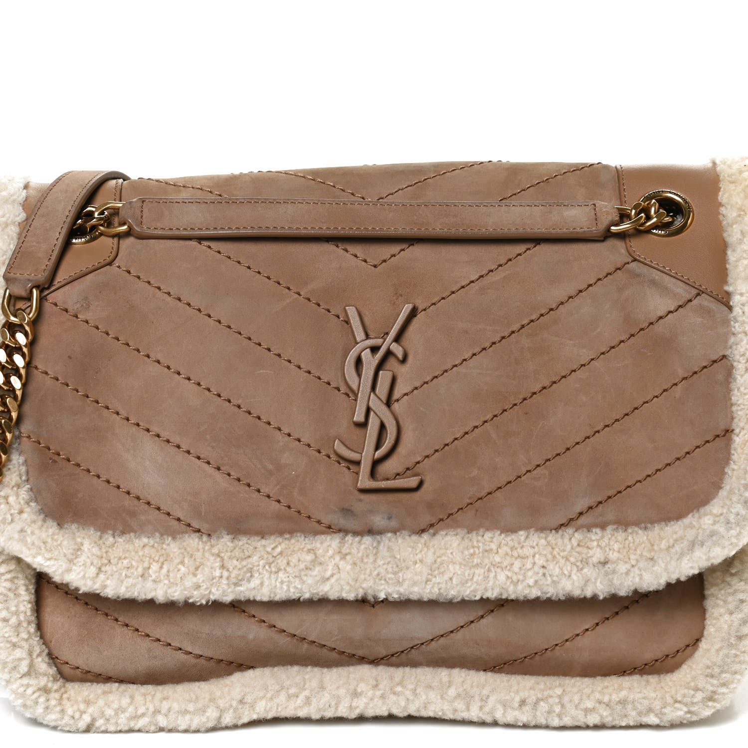 Saint Laurent Nubuck Shearling Monogram Medium Niki Chain Satchel Ivory Natural Tan 9 of 11