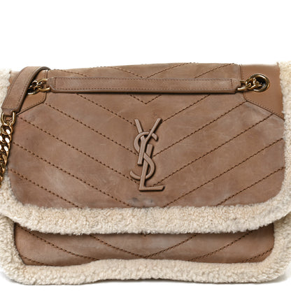 Saint Laurent Nubuck Shearling Monogram Medium Niki Chain Satchel Ivory Natural Tan 9 of 11