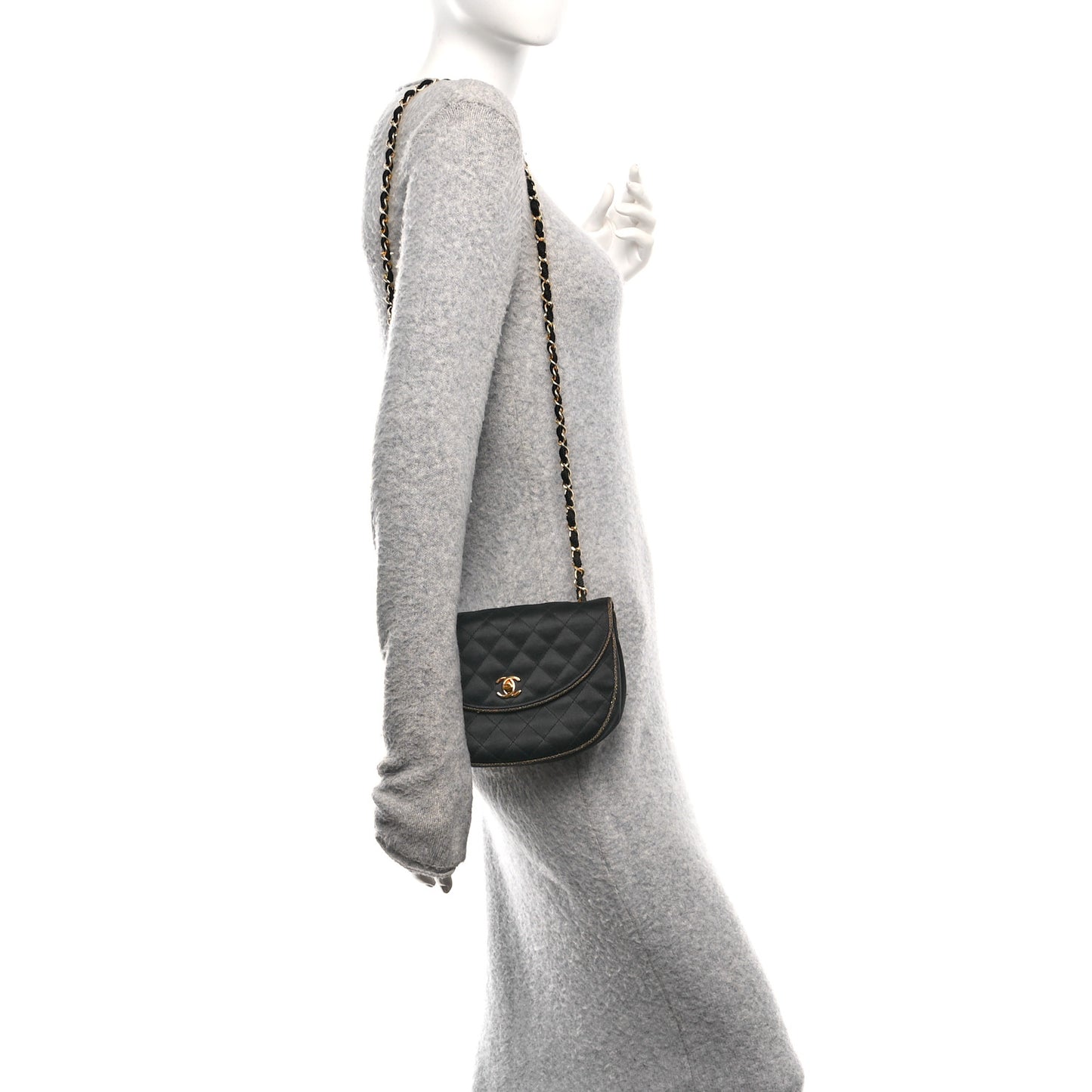 Satin Quilted Flap Shoulder Bag Black Gold