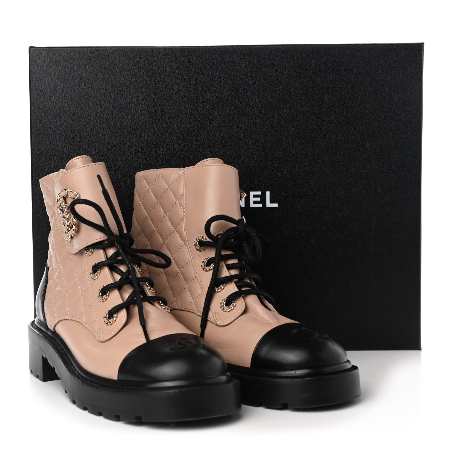 Chanel Shiny Lambskin Quilted Lace Up Combat Boots 38 Beige Black 10 of 10