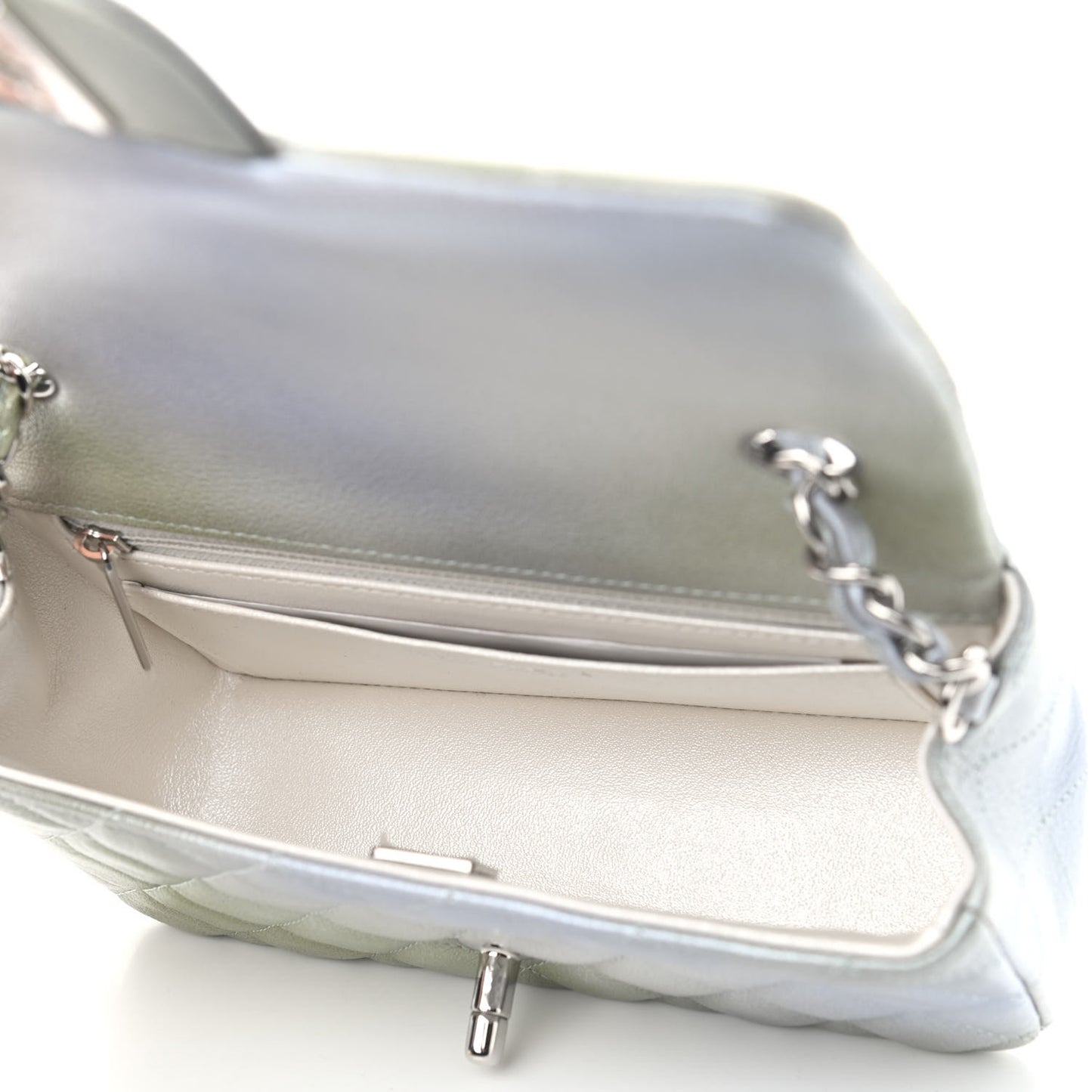 Metallic Goatskin Quilted Mini Rectangular Flap Grey Green