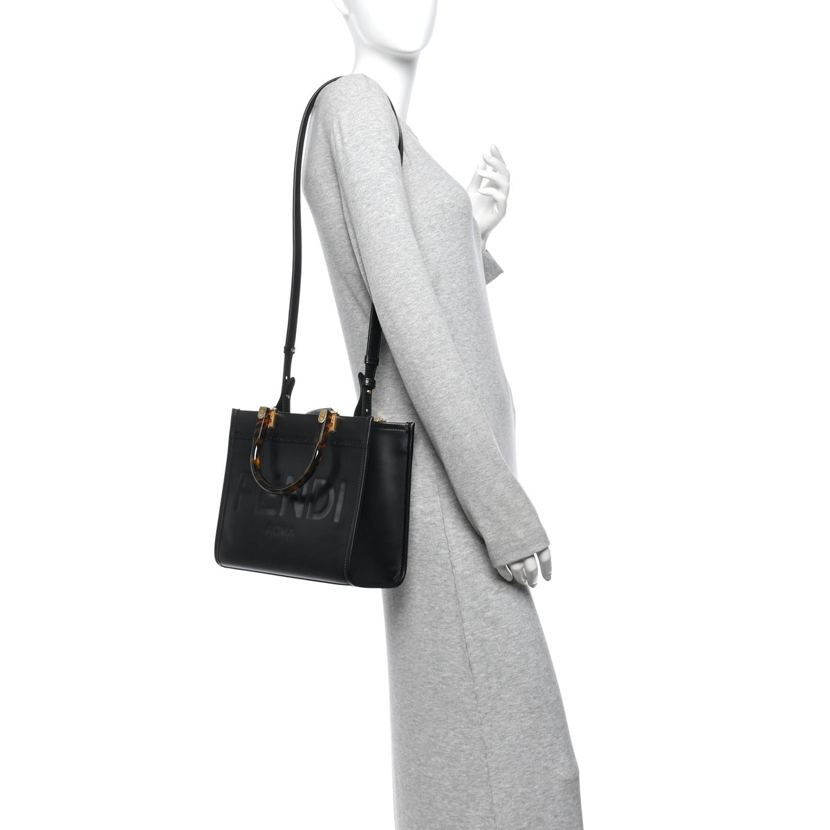 Vitello King Plexiglass Logo Embossed Small Fendi Sunshine Shopper Tote  Black