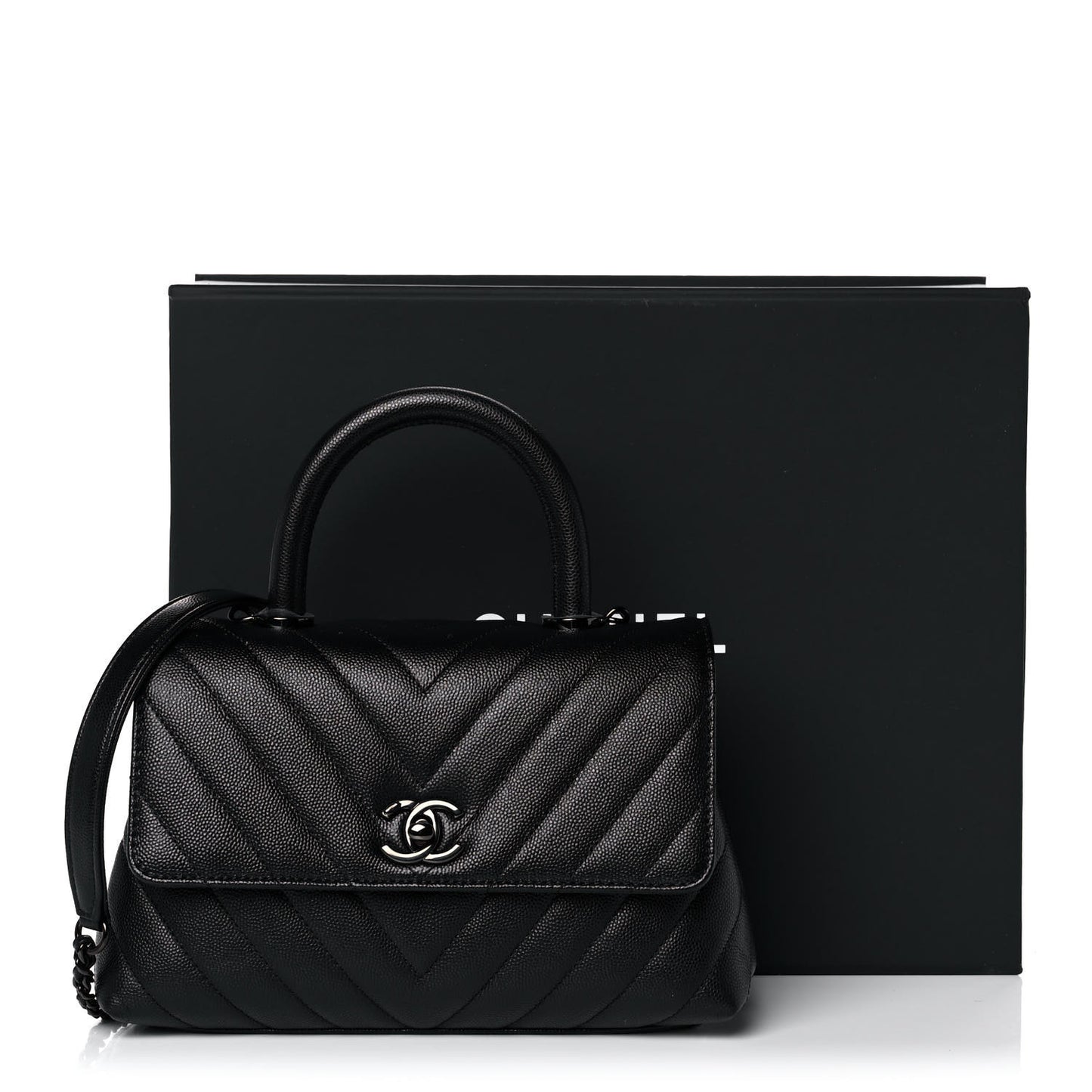 Caviar Chevron Quilted Mini Coco Handle Flap So Black