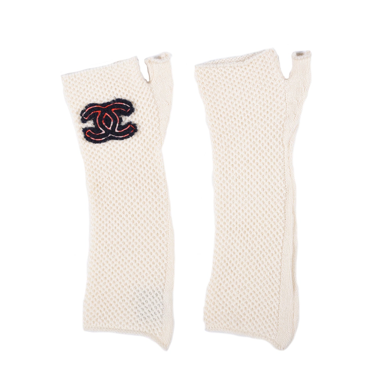Chanel Cashmere Wool CC Fingerless Gloves Ivory 1 of 4