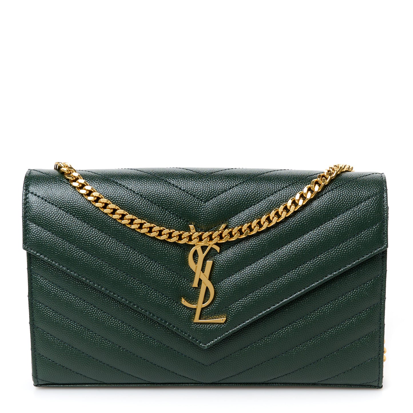 Grain De Poudre Matelasse Chevron Monogram Chain Wallet Dark Green