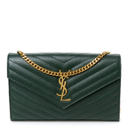 Saint Laurent Grain De Poudre Matelasse Chevron Monogram Chain Wallet Dark Green 1 of 10