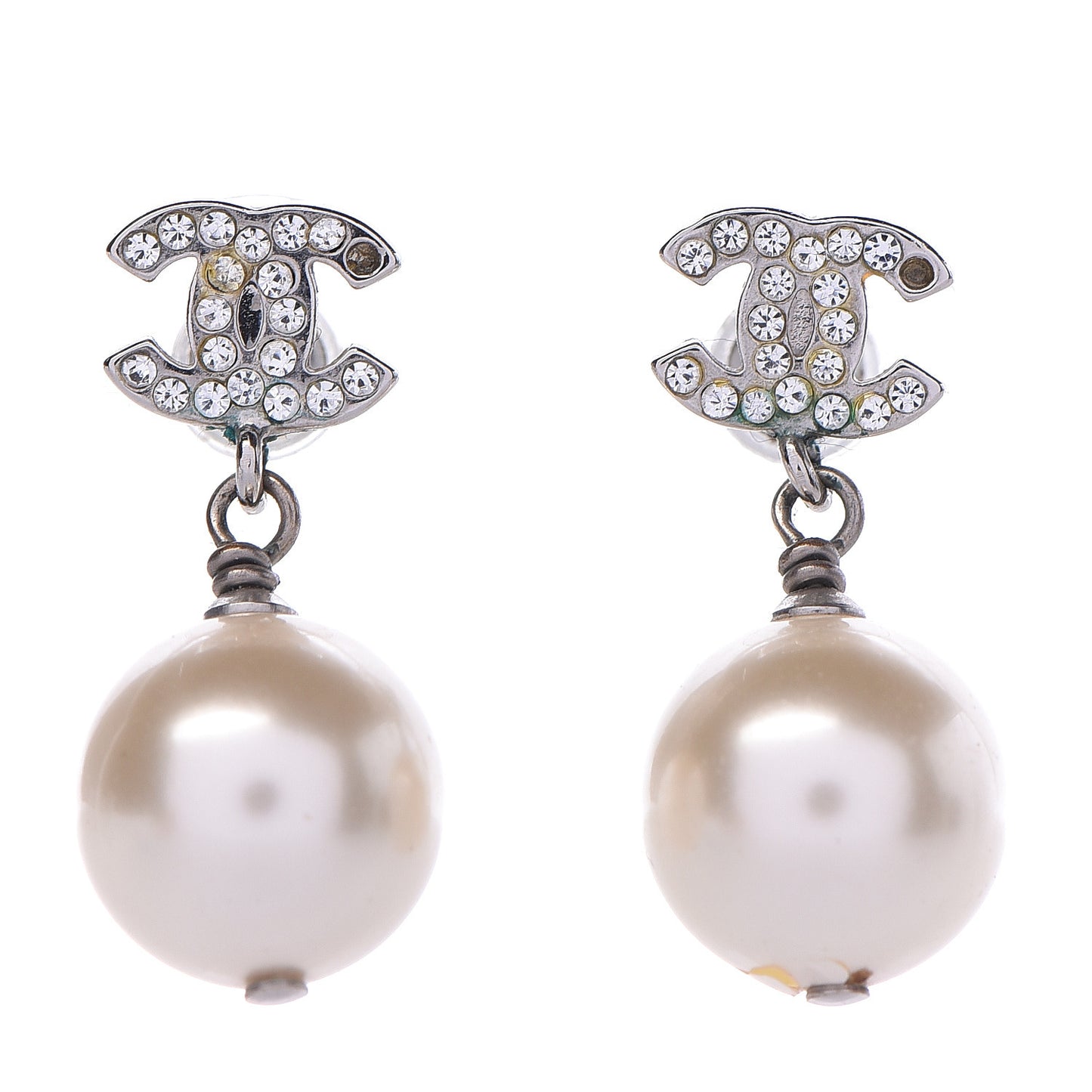 Crystal Pearl CC Drop Earrings Silver Pearly White