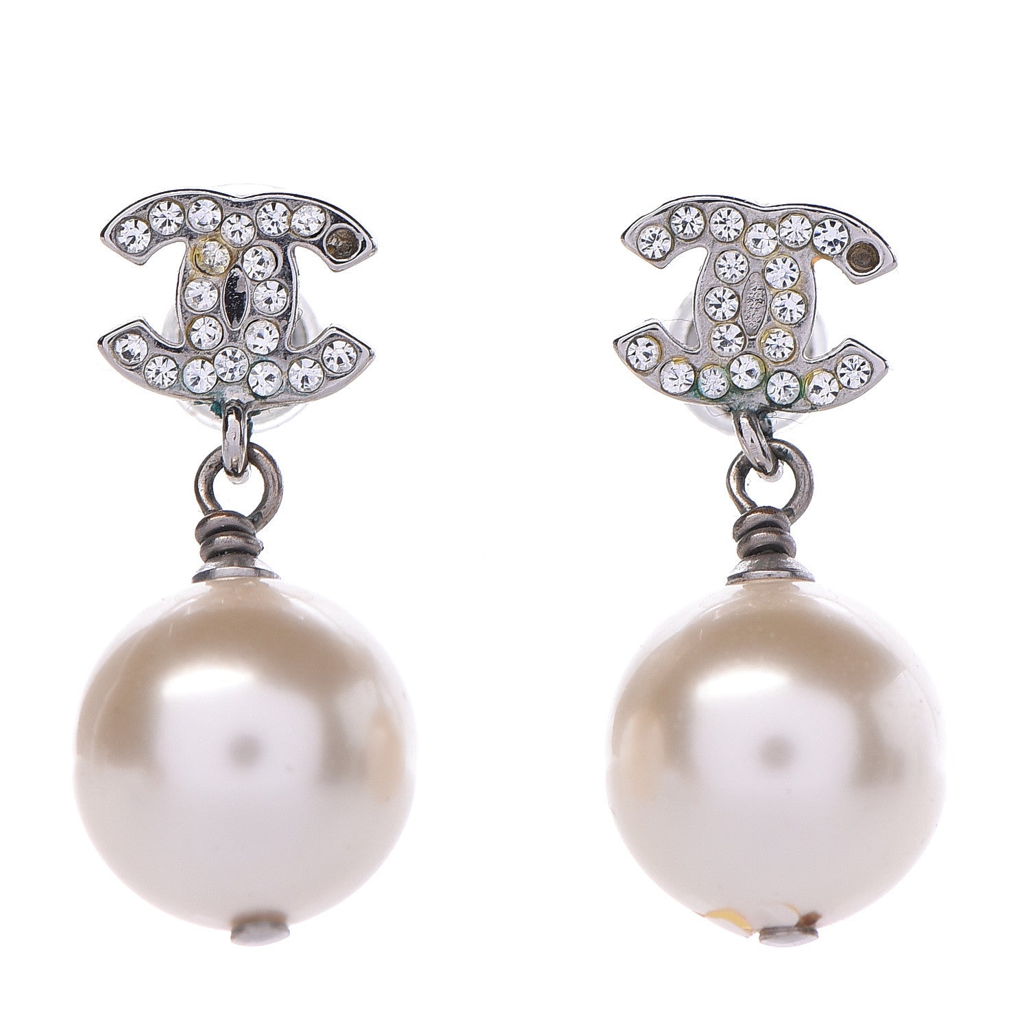 Chanel Crystal Pearl CC Drop Earrings Silver Pearly White 1 of 4