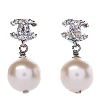 Chanel Crystal Pearl CC Drop Earrings Silver Pearly White 1 of 4