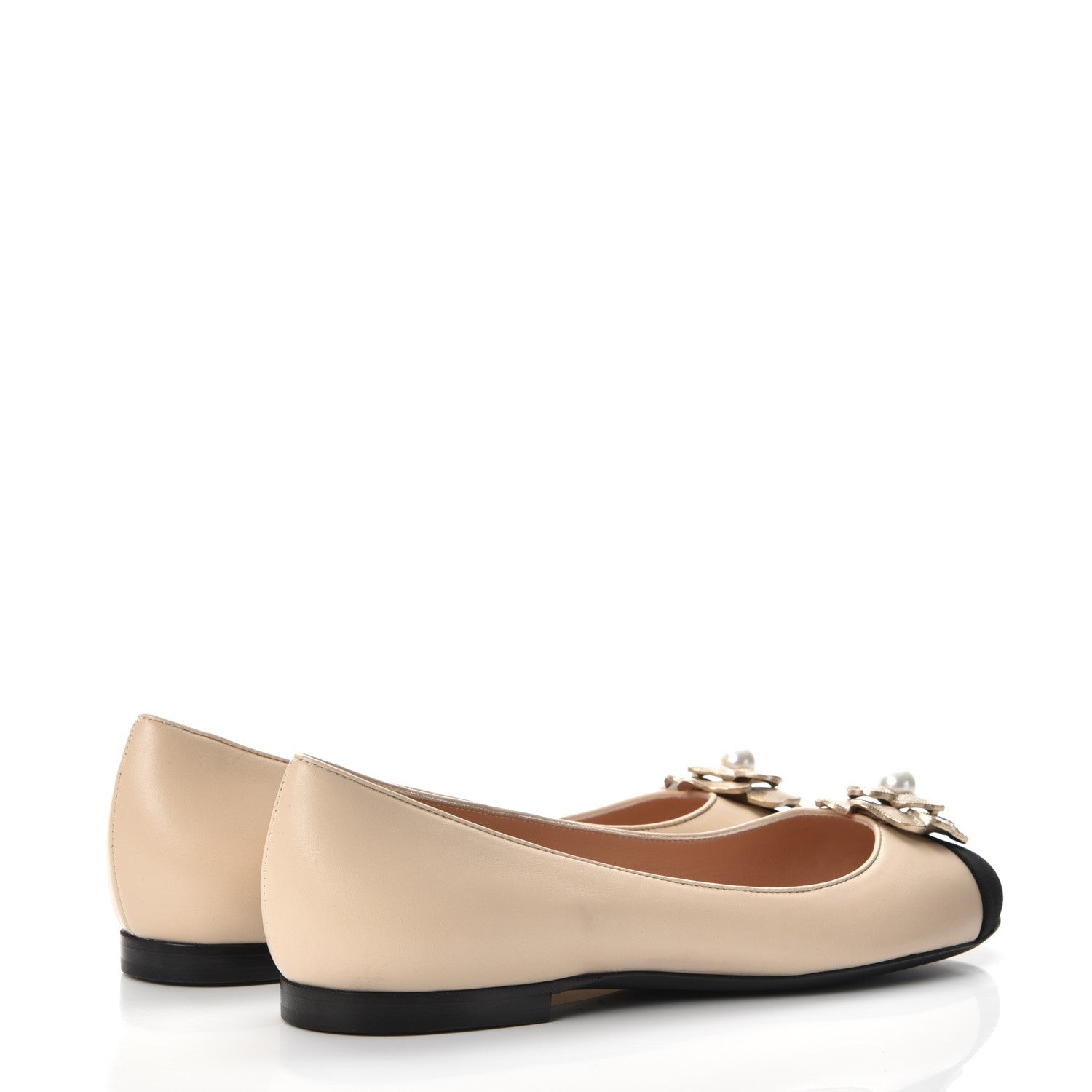 Chanel Lambskin Grosgrain Pearl Camellia Ballerina Flats 37.5 Beige Black 4 of 9
