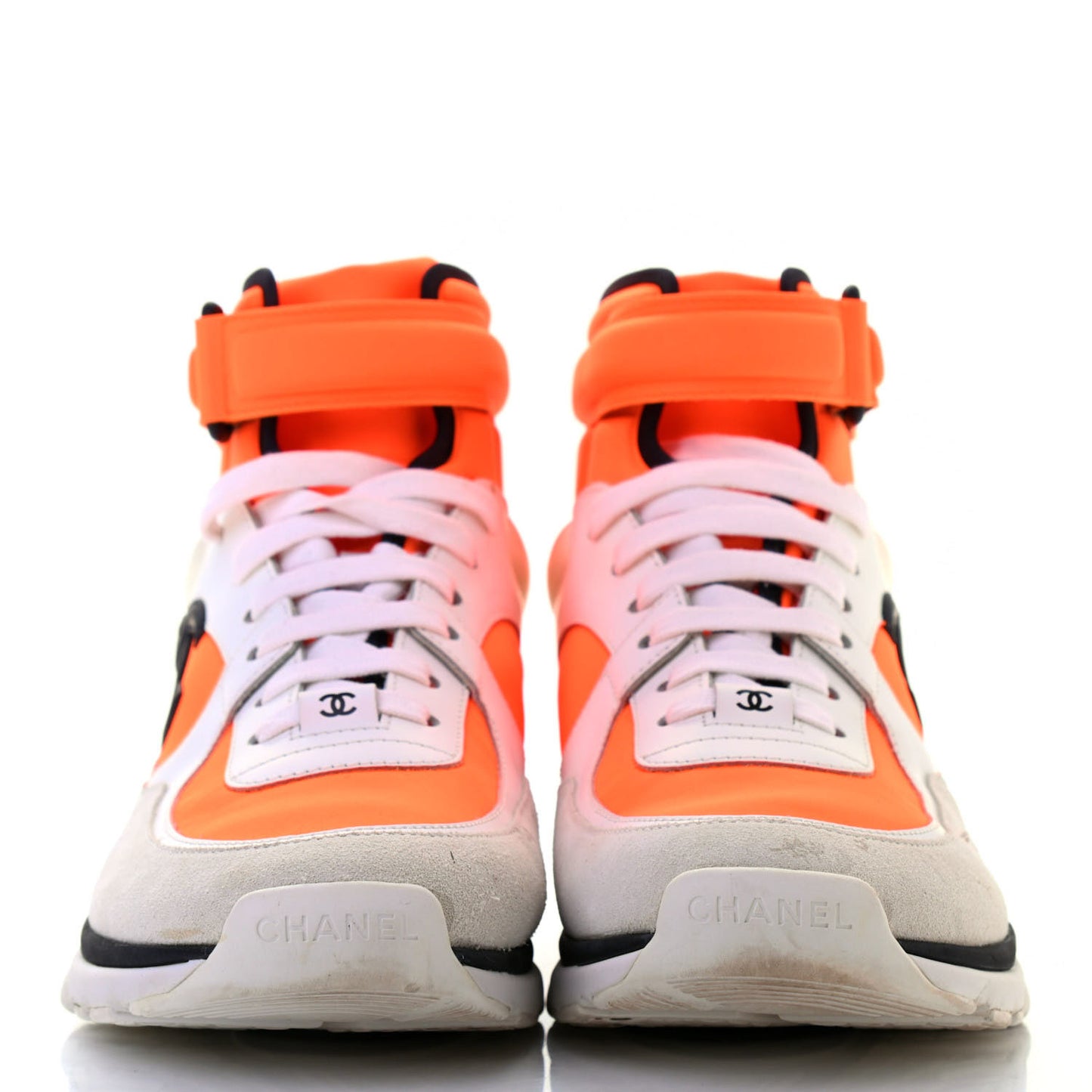 Suede Calfskin Lambskin Neoprene High Top CC Sneakers 40 White Fluo Orange
