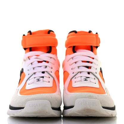 Chanel Suede Calfskin Lambskin Neoprene High Top CC Sneakers 40 White Fluo Orange 3 of 14
