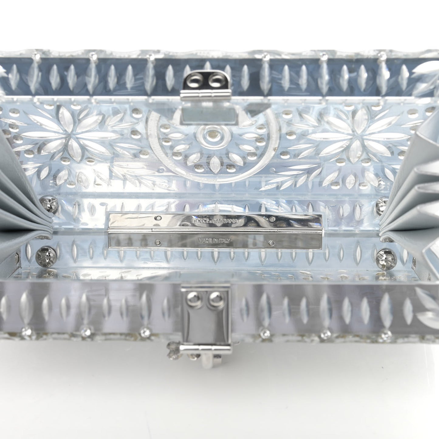 Crystal Embellished Plexiglass Dolce Box Clutch Silver