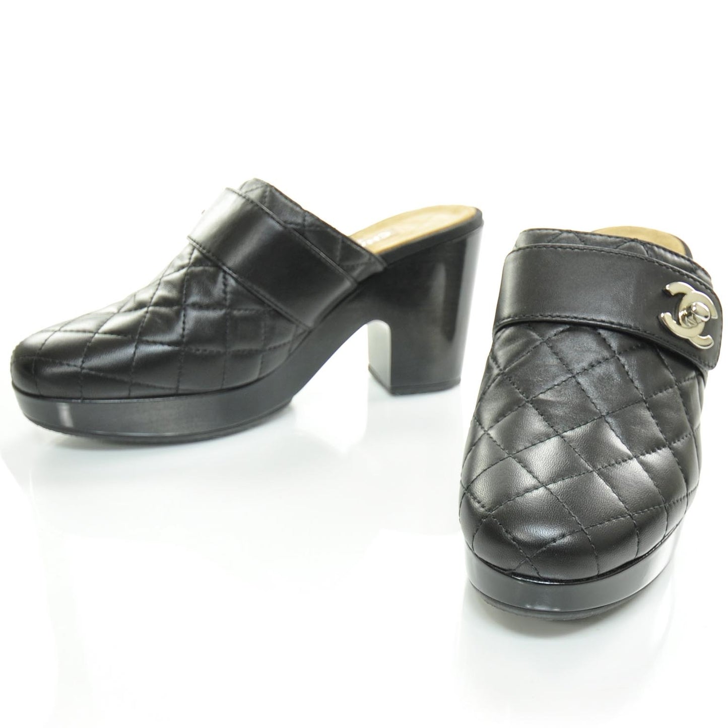 Leather Quilted Wooden Mules 41.5 Black
