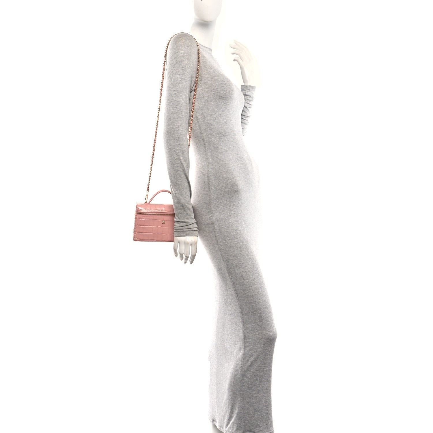 Chanel Calfskin Crocodile Embossed Crococo Top Handle Slim Vanity Case With Chain Light Pink 2 of 11
