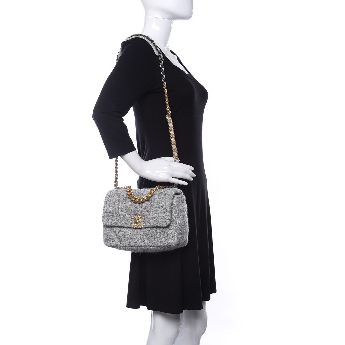 Tweed Quilted Medium Chanel 19 Flap Grey Ecru