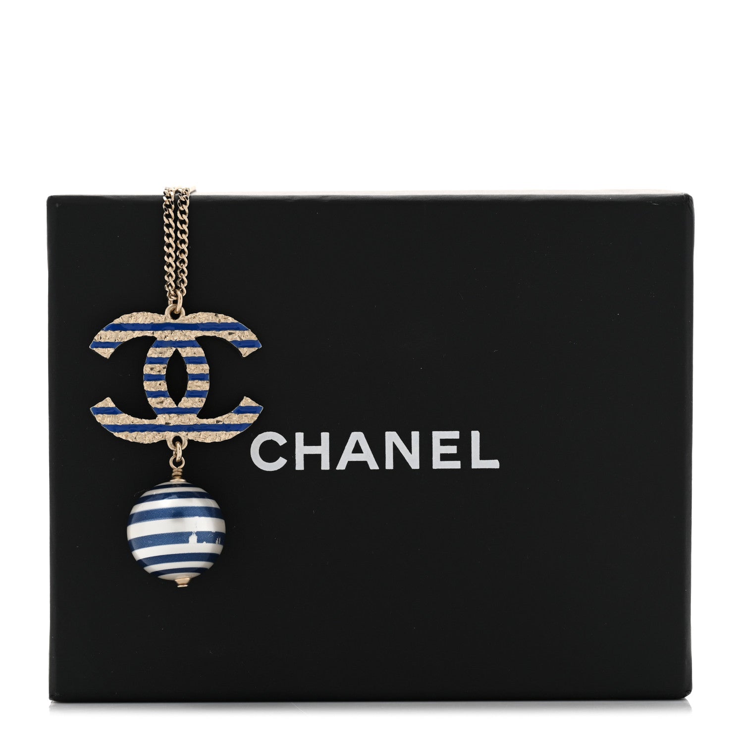 Chanel Resin Pearl Striped CC Drop Necklace Blue Gold 8 of 8