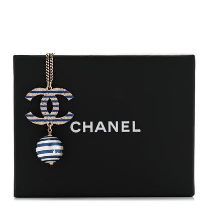 Chanel Resin Pearl Striped CC Drop Necklace Blue Gold 8 of 8