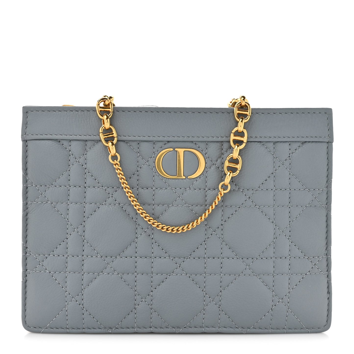 Calfskin Cannage Caro Zipped Pouch With Chain Cloud Blue