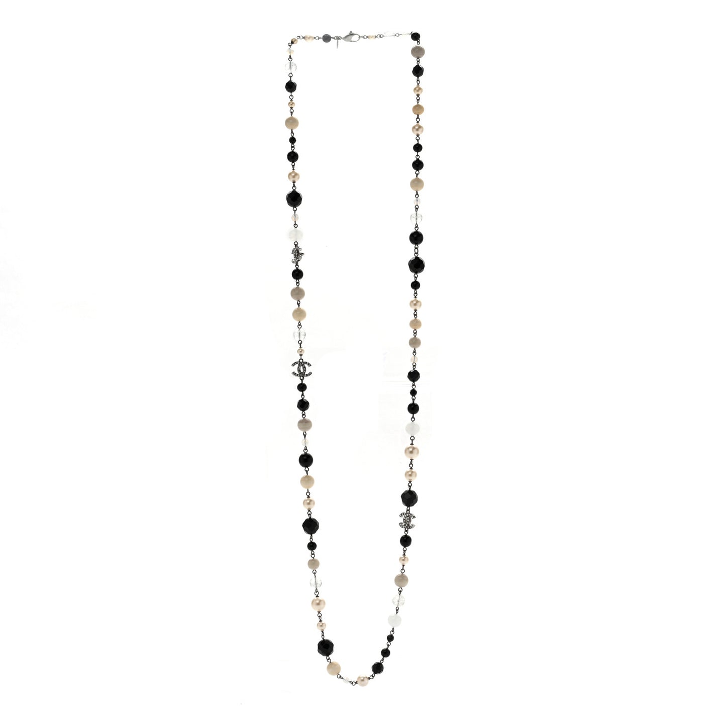 Pearl Crystal Bead CC Long Necklace Black Silver