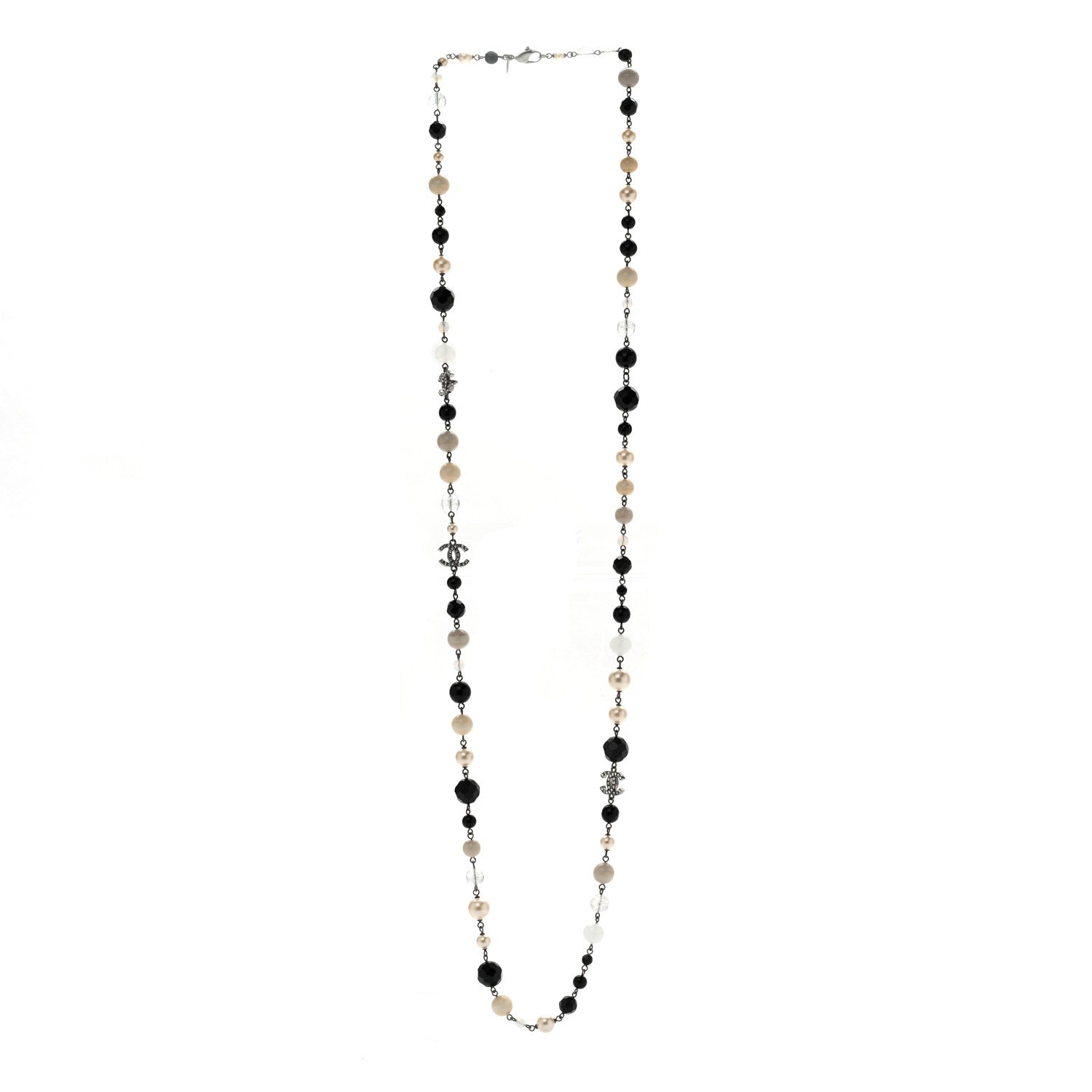 Chanel Pearl Crystal Bead CC Long Necklace Black Silver 3 of 6