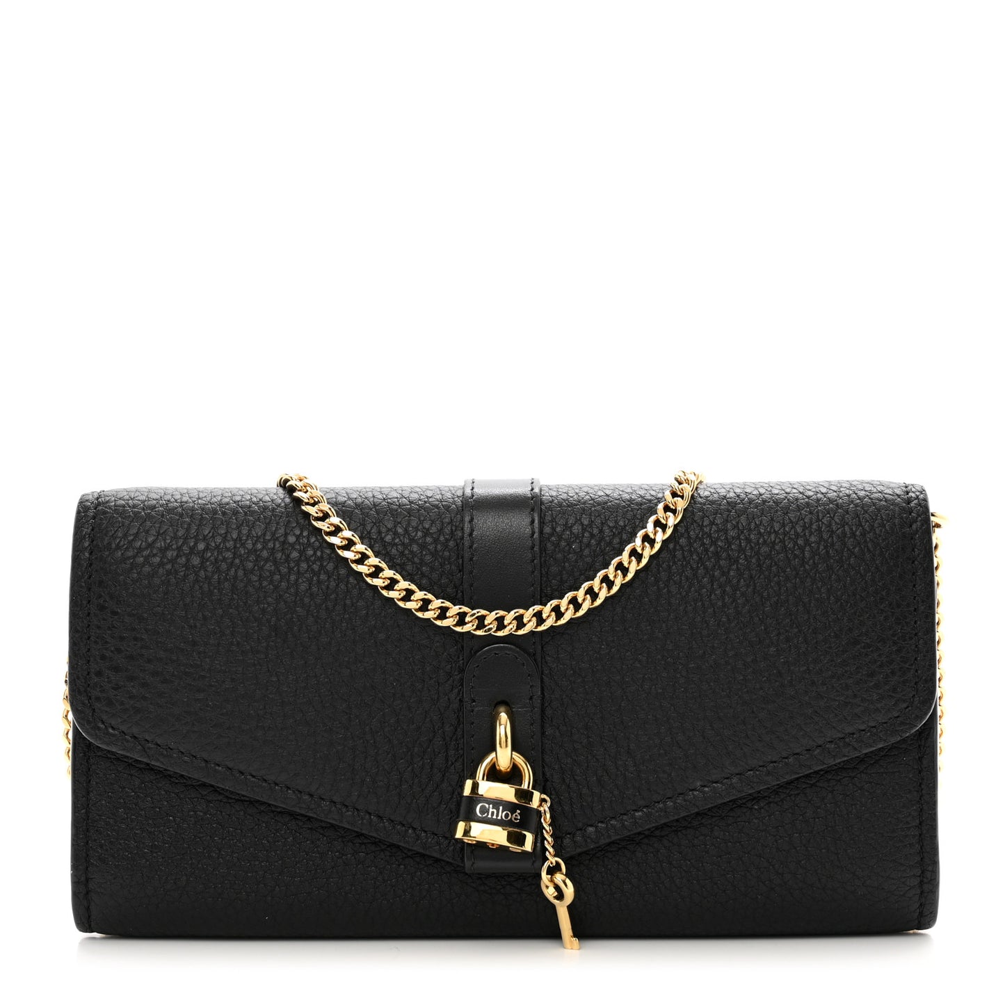 Shiny Grained Calfskin Aby Wallet on Chain Black