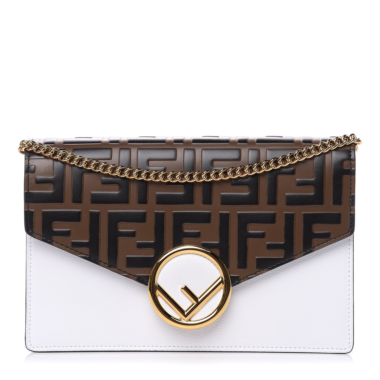 Fendi Vitello Cruise F is Fendi FF 1974 Embossed Medium Envelope Wallet On Chain Optical White Maya Black 1 of 9