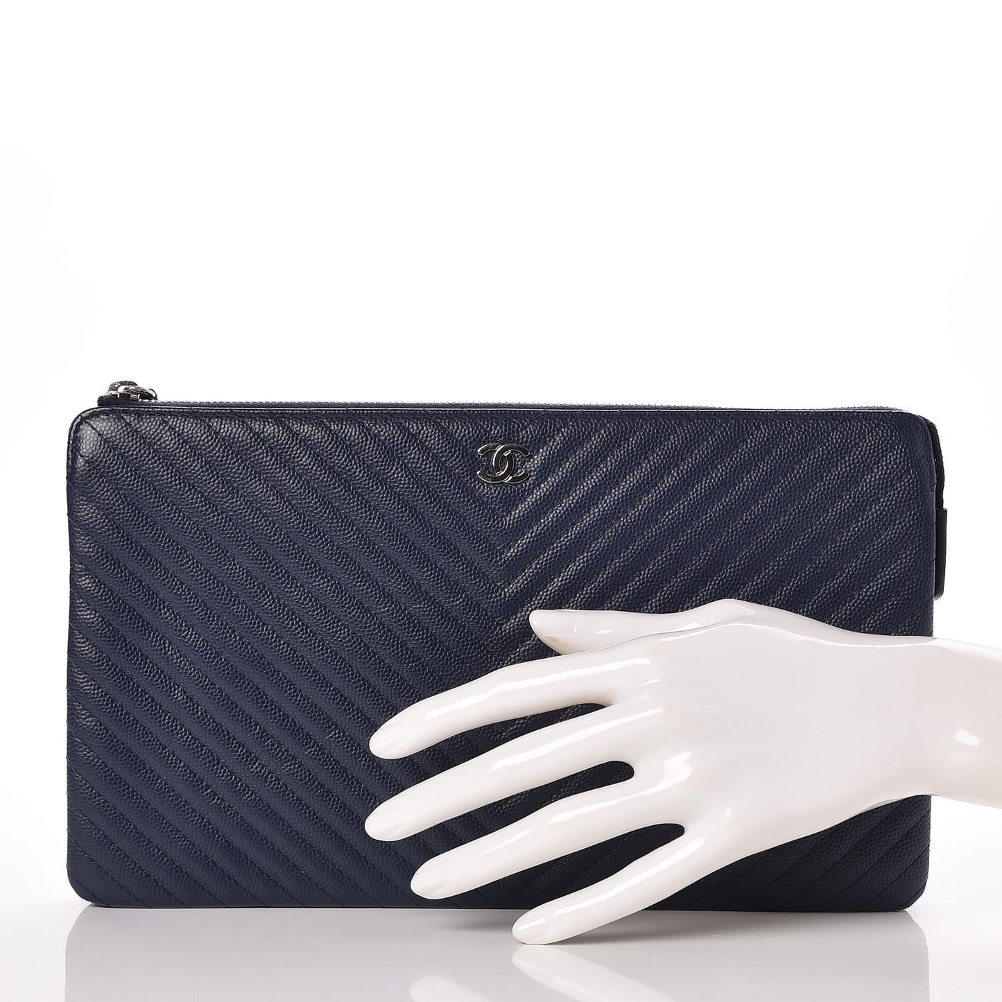 Caviar Chevron Quilted Large Zipped Clutch Navy