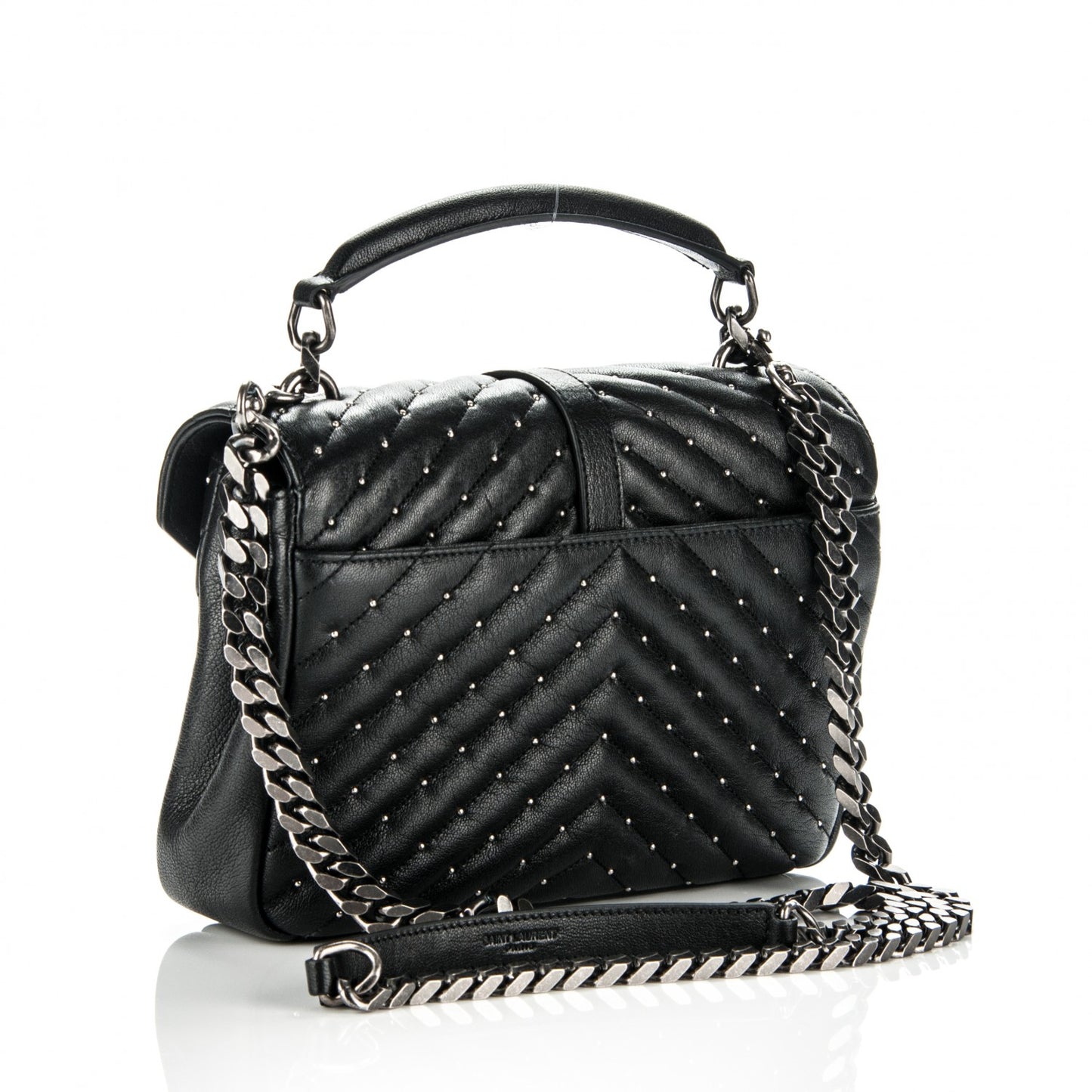 Lambskin Matelasse Chevron Studded Monogram Medium College Bag Black