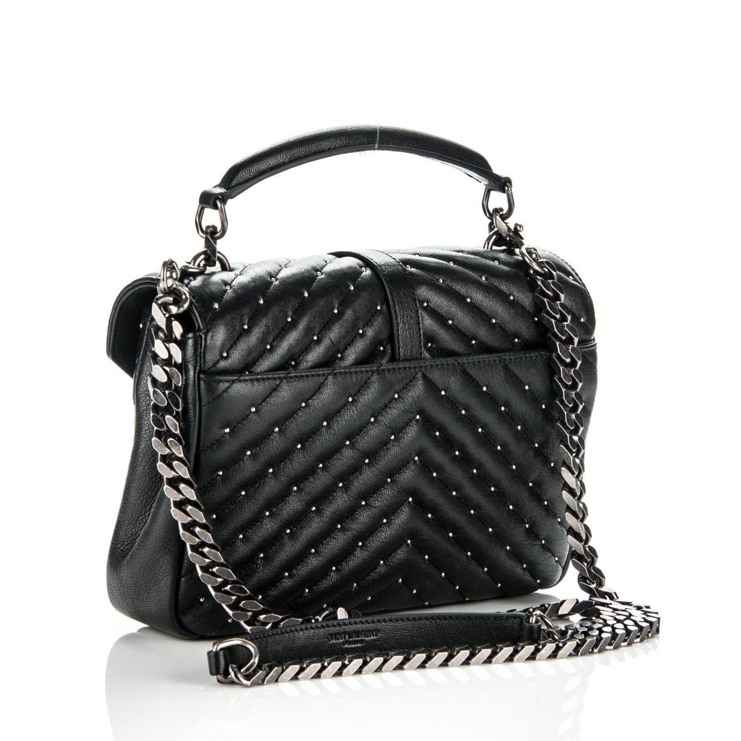 Saint Laurent Lambskin Matelasse Chevron Studded Monogram Medium College Bag Black 3 of 6