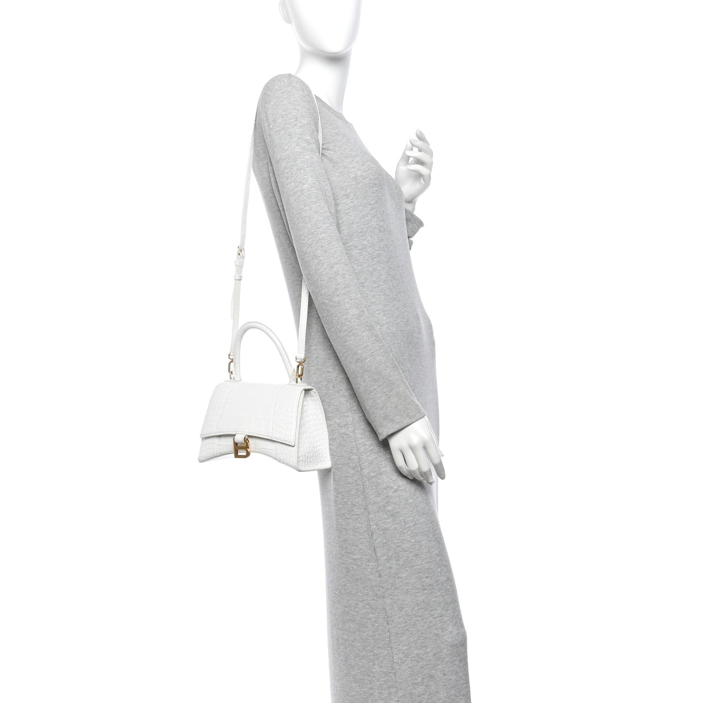 Calfskin Crocodile Embossed Small Hourglass Top Handle Bag White