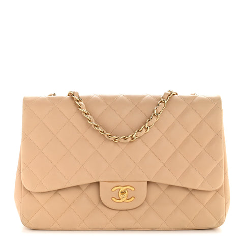 Lambskin Quilted Jumbo Single Flap Beige