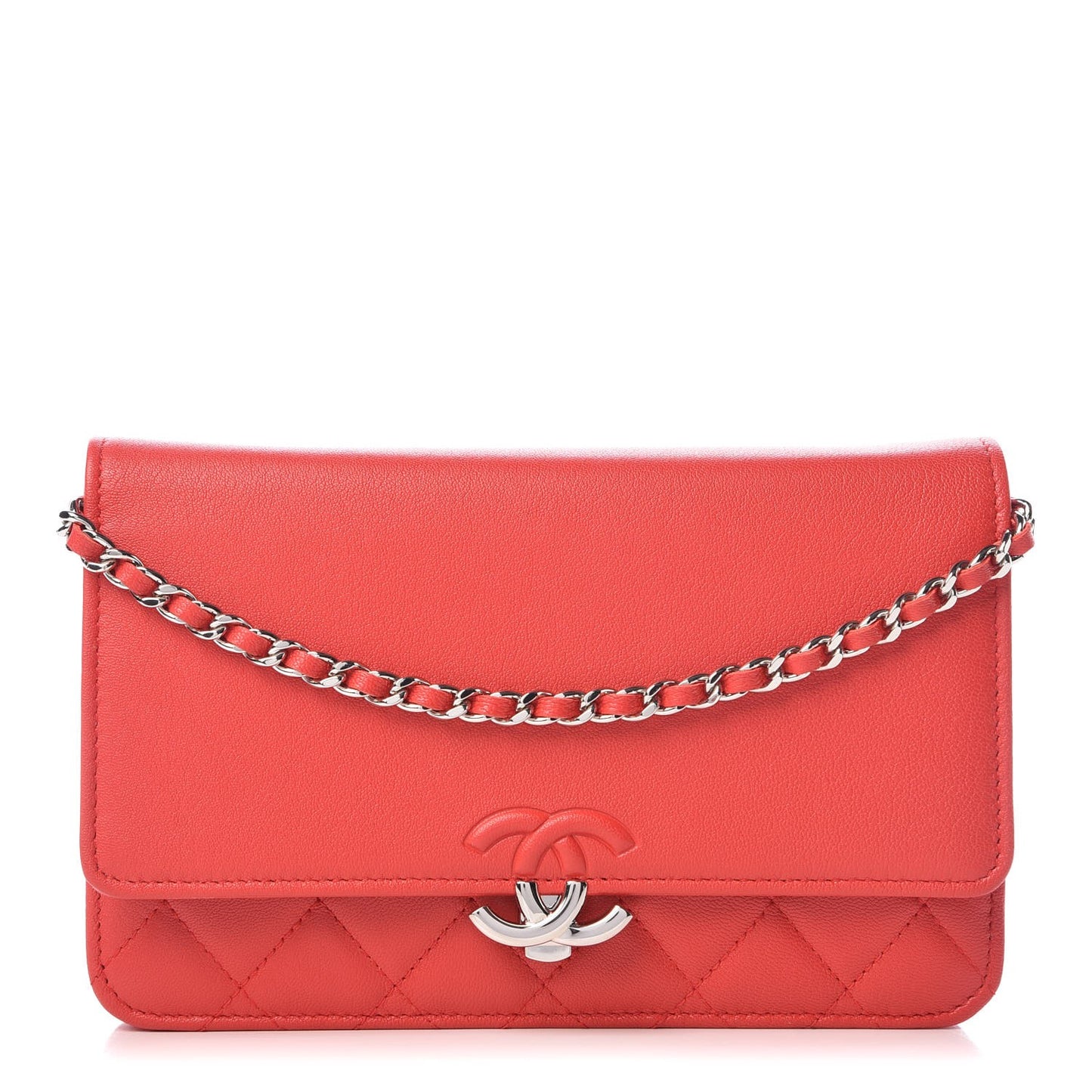 Grained Calfskin Quilted CC Box Wallet On Chain WOC Red