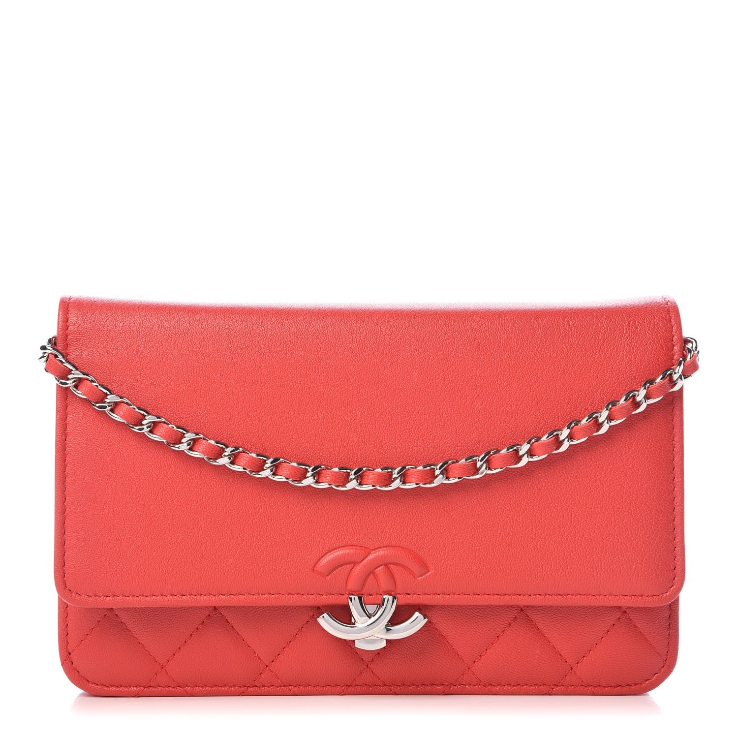Chanel Grained Calfskin Quilted CC Box Wallet On Chain WOC Red 1 of 8