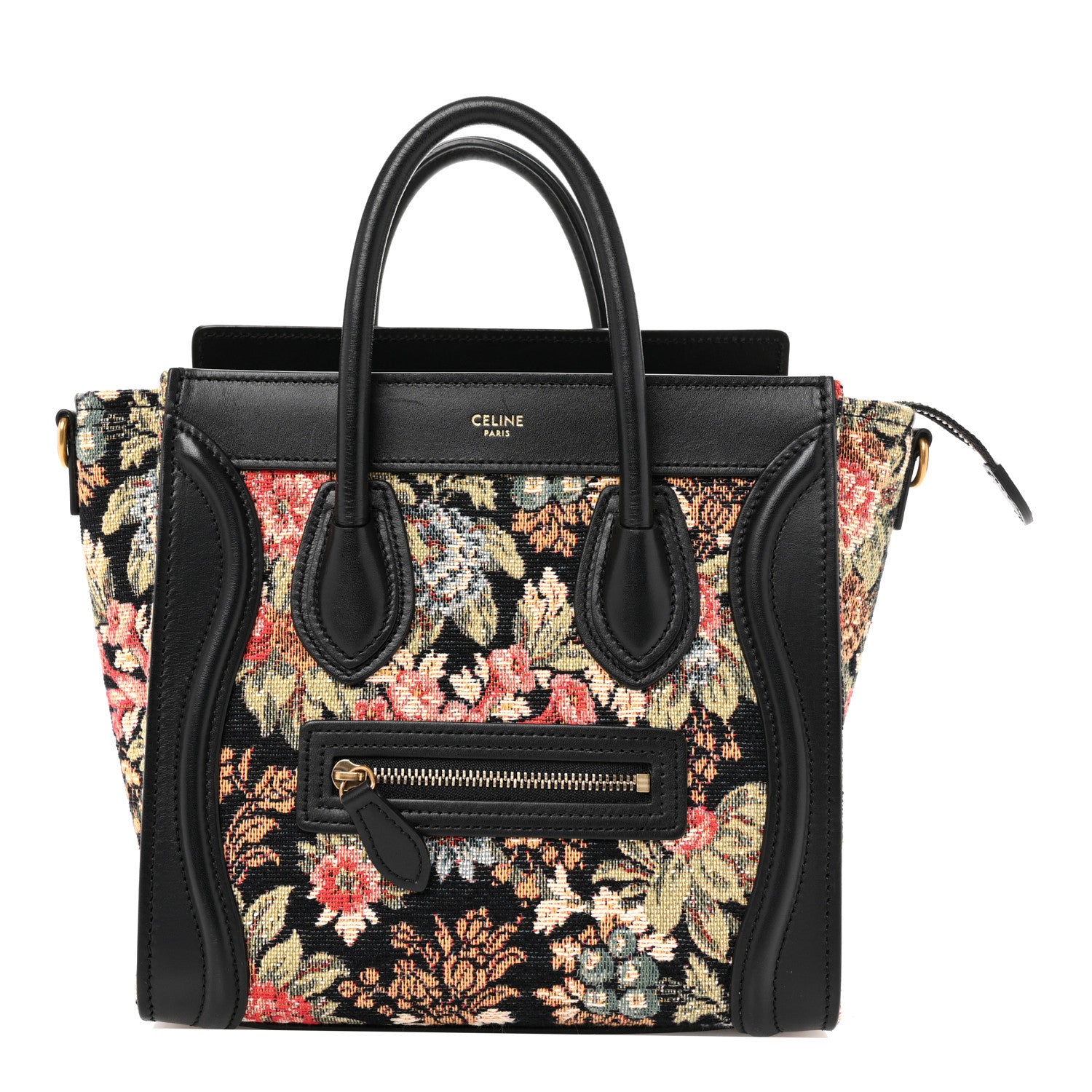 Celine Calfskin Lambskin Canvas Jacquard Floral Nano Luggage Black 1 of 11