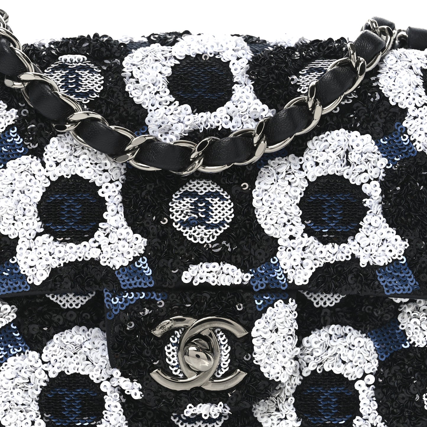 Satin Sequin Embellished Flower Mini Rectangular Flap Black White Blue