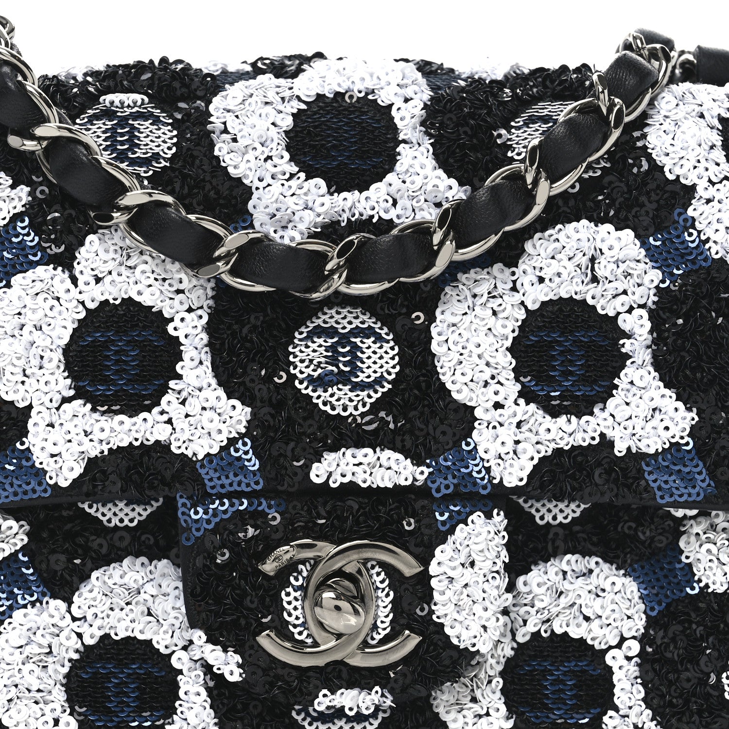 Chanel Satin Sequin Embellished Flower Mini Rectangular Flap Black White Blue 8 of 10