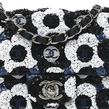 Chanel Satin Sequin Embellished Flower Mini Rectangular Flap Black White Blue 8 of 10