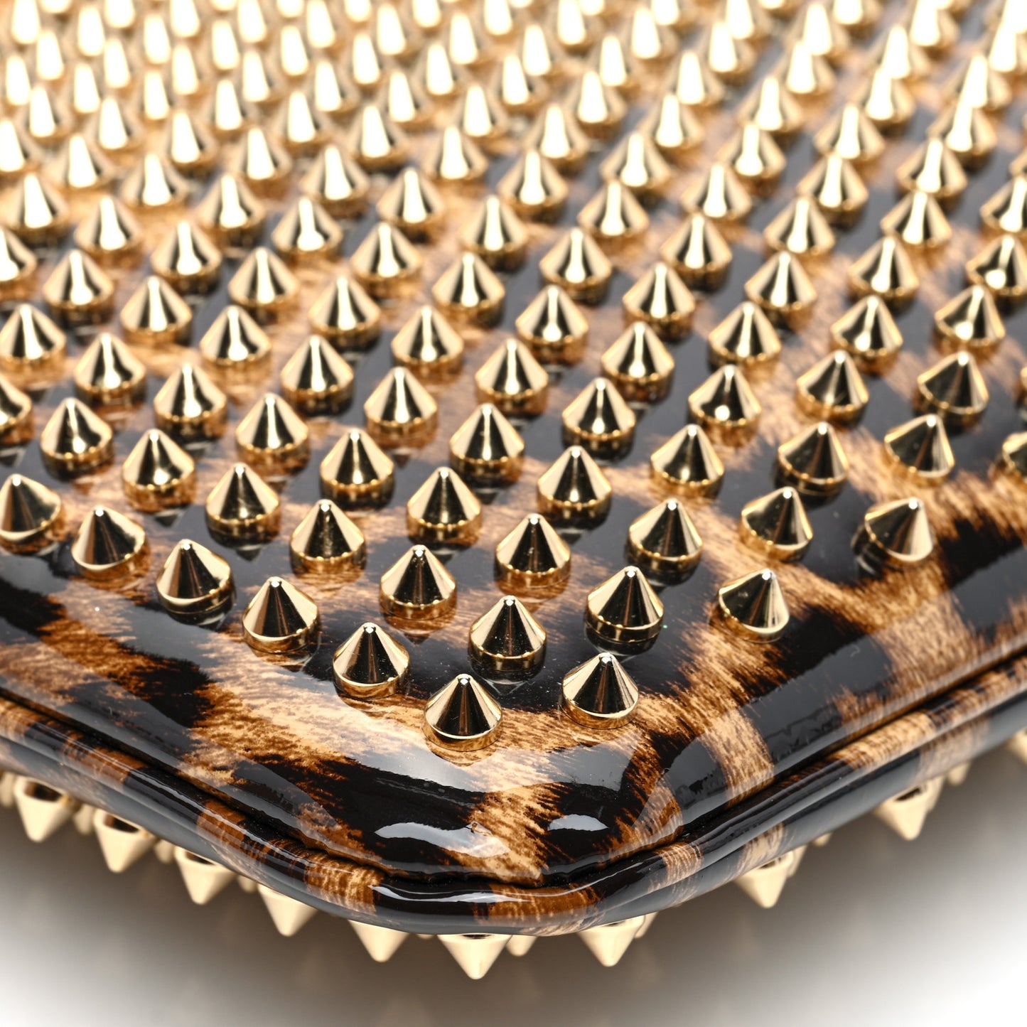 Patent Leopard Print Loubiposh Spiked Crossbody Clutch