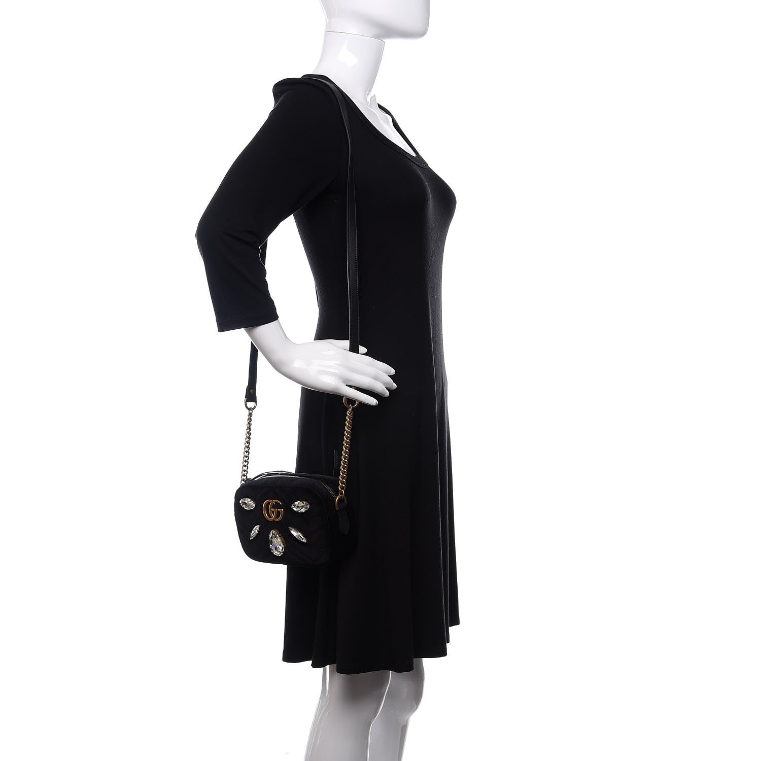 Gucci Velvet Matelasse Marquise Crystals Mini GG Marmont Chain Shoulder Bag Black 2 of 10